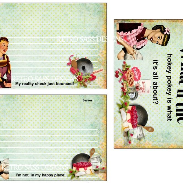 NEW RETRO 1950'S inspired ladies sassy recipe cards shabby bks digital delivery set of 2 recipe cards and a note card