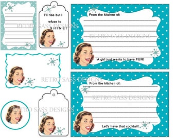 RETRO inspired recipe card set 5 tags and 2 recipe cards sassy sayings turquoise polka dot cool for a cookbook project, party favors digital
