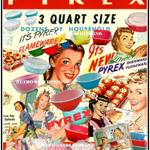 new RETRO PYREX inspired digital collage ART 8x10 cool pyrex collage-1950's ladies-aprons retro kitchen art-a walk down memory lane