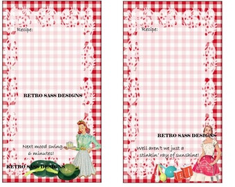 NEW retro inspired 4 RECIPE cards 4x8 PICNIC red gingham/white paper doily bk party favors girls night out party digital delivery journals