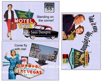 new rEtRo SASSY notecards-postcards road trip 50's style 4x6 set of THREE digital delivery