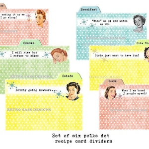 Divisores de receitas atrevidos inspirados nos anos 50 RETRO com bolinhas desgastadas bks conjunto de 6 entrega digital 4X6