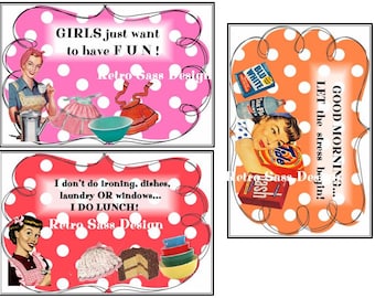 rEtRo inspired SASSY POLKA dot note cards 50&#39;s style  quirky sayings 4x6 set of THREE doodle polka dot background digital delivery