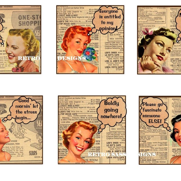 RETRO 1950'S ladies hang tags/notecards-journal cards with 1949 San Diego telephone directory background and quirky humor digital delivery