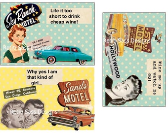 new rEtRo SASSY notecards-postcards road trip 50's style  route 66 inspired 4x6 set of THREE digital delivery