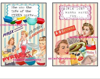 NEW rEtRo 50's pyrex and 50's ladies smoking PC incorrect -distressed striped background 5x7 WALL art sassy digital collage style prints-