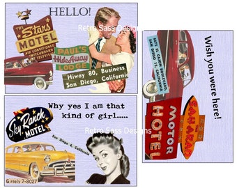 rEtRo SASSY notecards-postcards road trip 50's style 4x6 set of THREE digital delivery