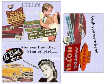 rEtRo SASSY notecards-postcards road trip 50's style 4x6 set of THREE digital delivery