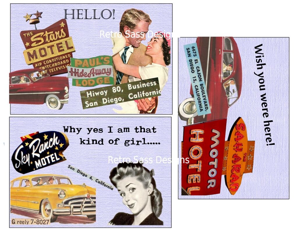 rEtRo SASSY notecards-postcards road trip 50's style 4x6 set of THREE digital delivery