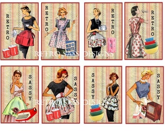 RETRO ladies aprons sassy set of 8 extra large hang tags SASSY tags-journal cards-mini album tags digital delivery