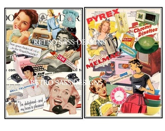 2 RETRO inspired digital collage ART print retro ladies off  to work typewriters, rotary phone melmac, and pyrex