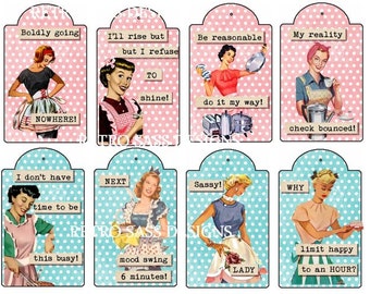 RETRO sassy ladies in aprons w/quirky sayings set of 8 2x4 tags distressed turquoise and pink polkadots digital delivery
