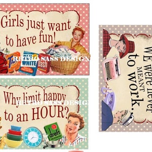 RETRO 1950'S inspired  POSTCARD set of 3 shabby chic polka dot background sassy sayings