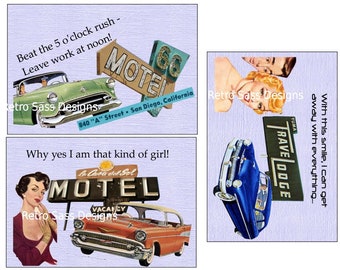 new rEtRo SASSY notecards-postcards road trip 50's style  route 66 inspired 4x6 set of THREE digital delivery