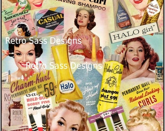 RETRO inspired digital collage wall ART 8x10 PRINT 1950's beauty products-women-sassy ladies-retro beauty ads-digital delivery-