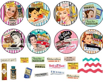 rEtRo sassy ladies  Artist Trading Coins 2.5 circles-journals-albums- retro ephemera-digital delivery