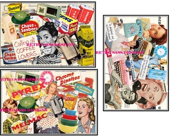 NEW rEtRo inspired collage art postcards-journal cards for mini albums SASSY notecards 50's style  4x6 set of THREE digital delivery