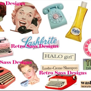 NEW retro 1950&#39;S beauty-phones-typewriters 15 cut-out for journals-recipe booklets-mini albums-embellishments jpeg digital download
