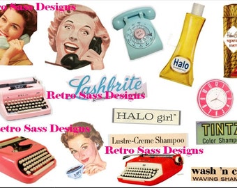 NEW retro 1950'S beauty-phones-typewriters 15 cut-out for journals-recipe booklets-mini albums-embellishments jpeg digital download