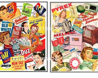 2 RETRO inspired digital collage ART  print APRONS-pyrex-melmac-vintage soaps-retro ladies 5x7