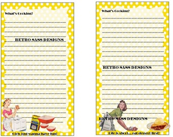NEW retro inspired 4 RECIPE cards 4x8 YELLOW polka dots/white paper doily bk party favors girls night out party digital delivery journals