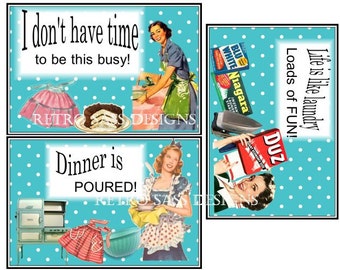 RETRO 1950&#39;S inspired collage style note card set of 3 polka dot background sassy sayings digital delivery