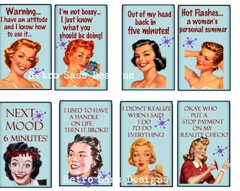 RETRO ladies with attitude-sassy sayings large hang tags set of 8 2x3ish  TURQUOISE BK- digital delivery