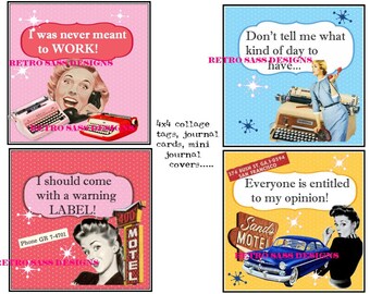 NEW rEtRo SASSY collage notecards -journal cards-collage tags=mini album tags 50's style 4x4 set of four digital delivery
