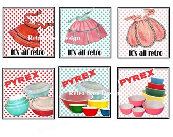 RETRO SASSY aprons and pyrex set of 6 3x3 tags polka dot backgrounds digital delivery