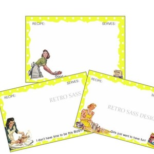 3 RETRO inspiriert Rezept Karten frech sagen gelb Polka Dot bk cool für ein Kochbuch Projekt Mädchen Nacht aus Gefälligkeiten