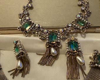 Vintage Parure Necklace Bracelet Earrings Rhinestones Tassels