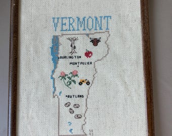 Mapa antiguo de Vermont bordado a mano en 1993, 26,7 cm x 20,3 cm.