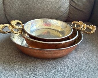 Vintage 3 Copper Sauté Pans brass Handles Hand Hammeted Turkish