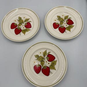 May include: Three white ceramic plates with a strawberry design. Each plate features a cluster of red strawberries, green leaves, and small white flowers. The plates have a green border.