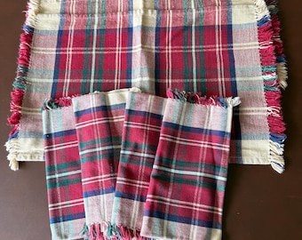Set 4 Vintage Cotton Placemats Red White Blue W/4  Napkins