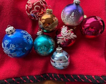 8 vintage geblazen glazen kerstornamenten West-Duitsland mica glitter
