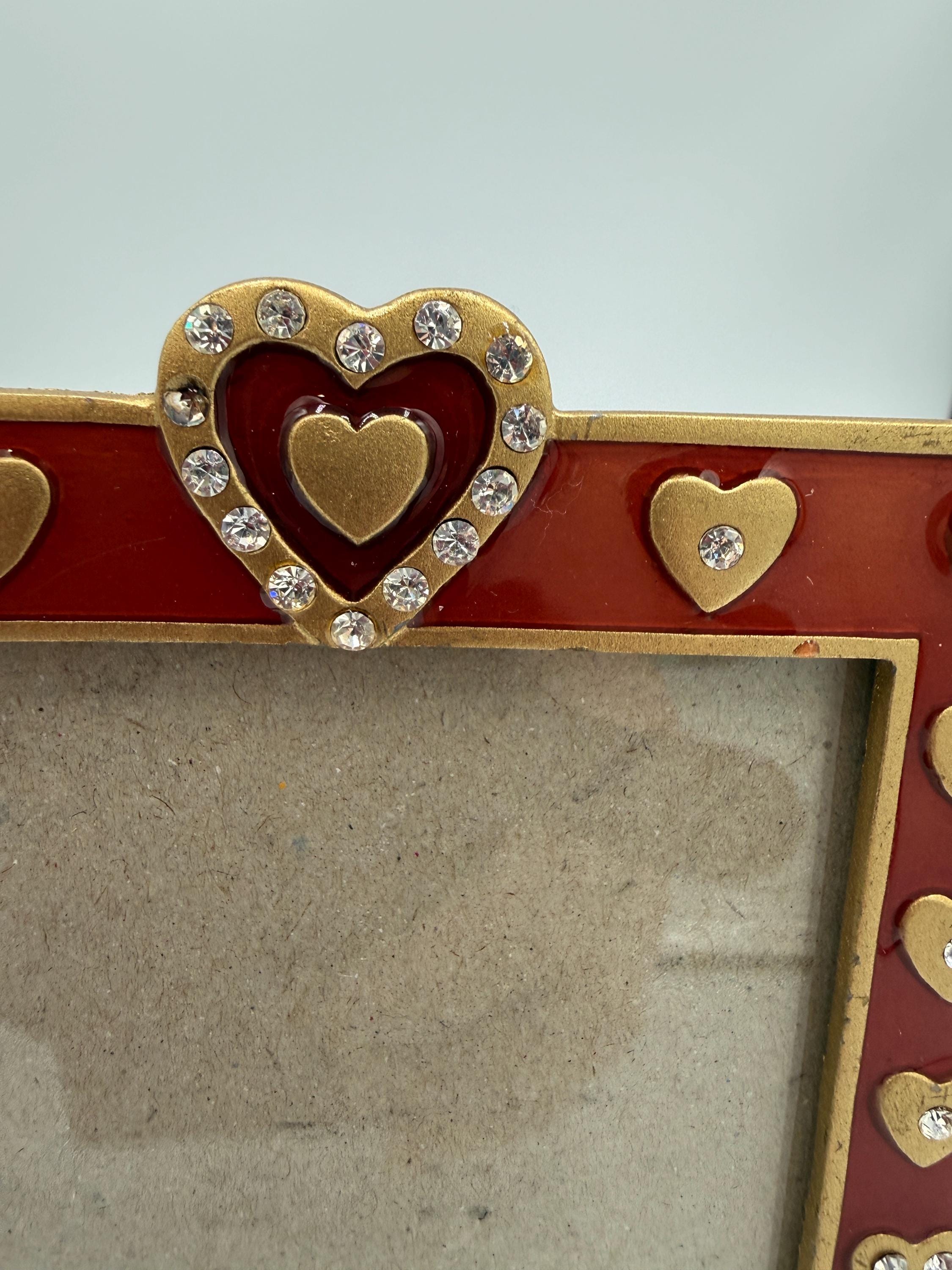 Vintage Red Hearts Enamel Rhinestone Picture Frame 6-1/4