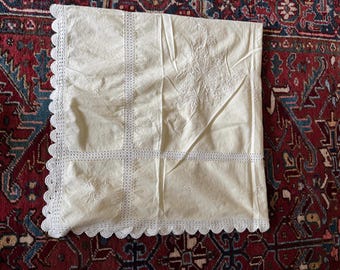 Vintage Pale Yellow Tablecloth Embroidered Crocheted Edge 48"squ.
