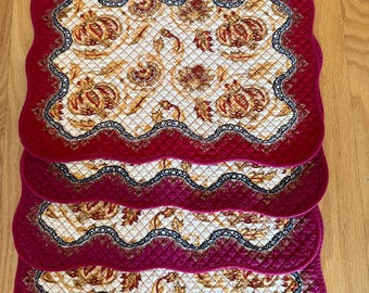 Zestaw 4 pikowanych podkładek w stylu vintage, jesień, dynie, liście, dwustronne, 20" x 13"