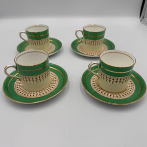 Lot De 7 Tasses Et 11 Soucoupes Limoges - Motif écossais Rayures Fuchsia Et Vert Doré