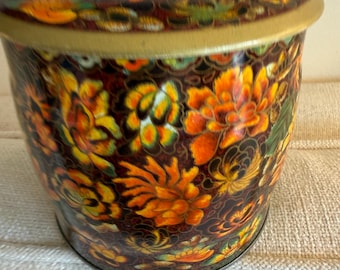 Vintage English Biscuit Tin Faux Enamel Flowers 6"h x 5-1/2"dia.