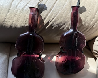 Bottiglia in vetro ametista vintage a forma di violino da appendere alla parete, 24 cm di lunghezza