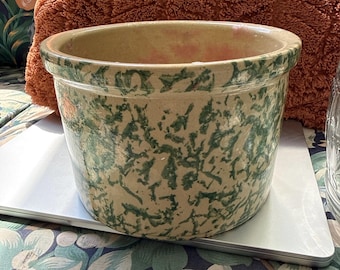 Vintage Robinson Ransbottom Roseville Pottery Green Spongeware 1 Qt Stoneware Crock