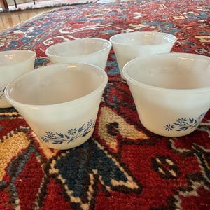 Vintage Pyr-o-ware Dynaware Blå Blomma 5 Vaniljsåskoppar Ramekins MCM