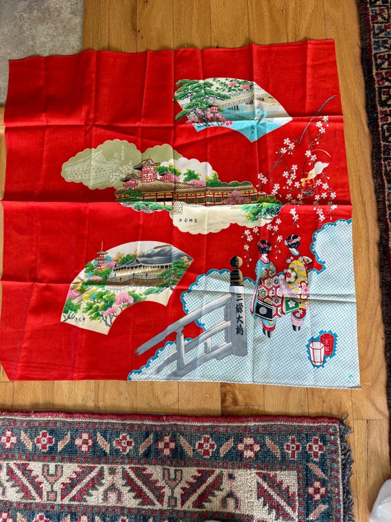 Vintage Asian Silk Pictorial Scarf Signed 27"squ. New