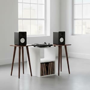 Puede incluir: Un moderno equipo de audio con dos altavoces negros con conos blancos, un tocadiscos negro y una unidad blanca para guardar discos. Los altavoces están sobre pequeñas mesas de madera marrón oscuro con patas anguladas.