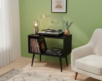 Mueble de TV de estilo moderno de mediados de siglo / Consola multimedia de MDF / Armario para discos de vinilo / Mueble artesanal para sala de estar y estudio