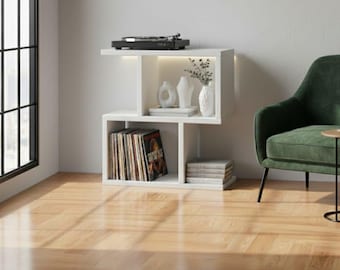 Soporte para tocadiscos con almacenamiento de discos de vinilo / Mueble para tocadiscos / Estante para guardar LP / Soporte para vinilos moderno de mediados de siglo / Estudio de música