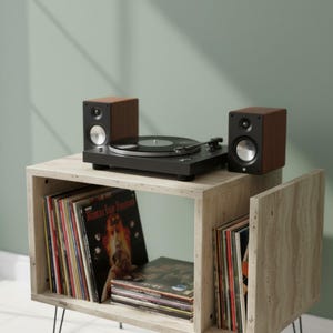 May include: A black turntable with a record on top, flanked by two brown and black speakers. The setup sits on a light-colored wooden cube shelf, with vinyl records visible inside. The background is a solid, muted green.