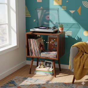 Mid Century Modern TV Stand | MDF Media Console | Vinyl Record Storage Cabinet | Handmade Furniture for Living Room & Studio